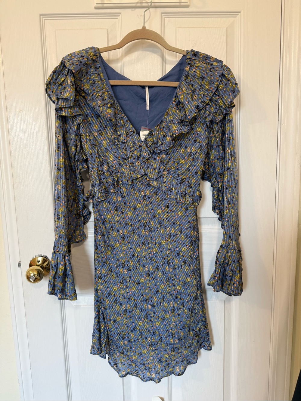 Free People Blue Floral Ruffle V-Neck Long Sleeve Dress NWT